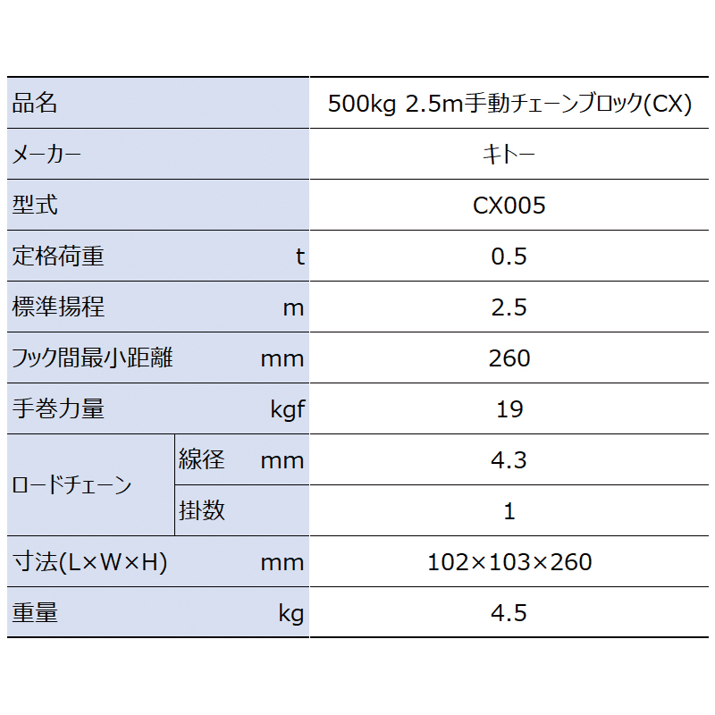 キトー チェーンブロックCX形 500kg x 2.5m CX005 - 4