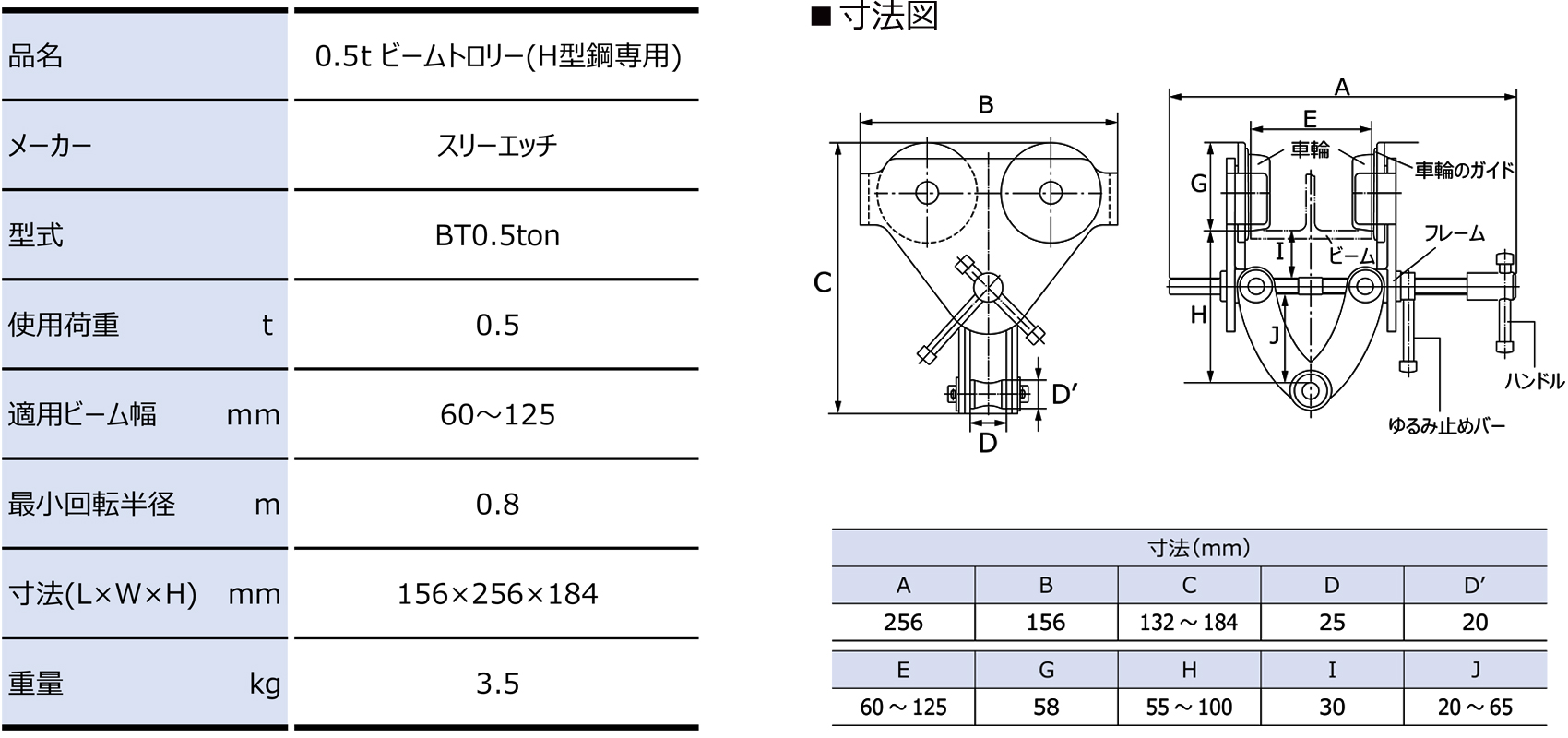 0.5t ビームトロリー(H型鋼専用)｜建設機械器具、各種工事用機器